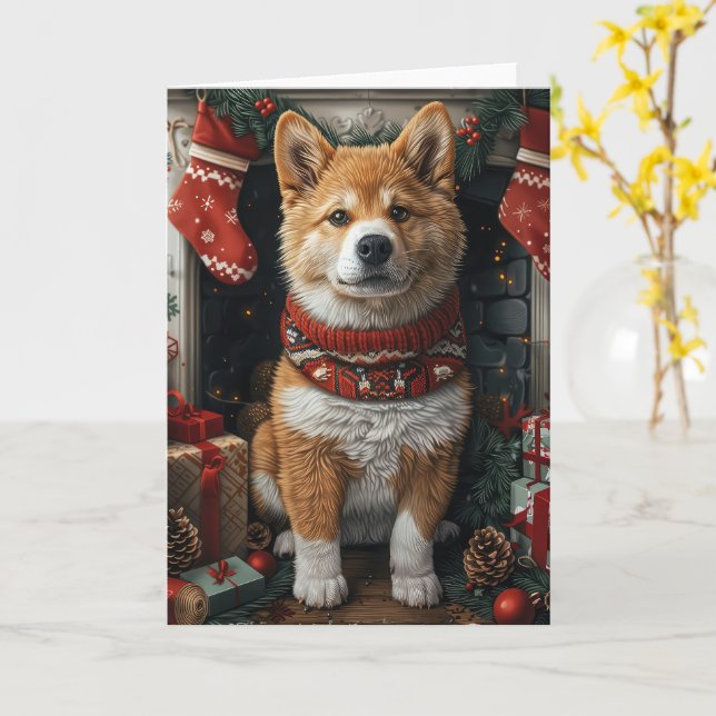 American Akita With Christmas Gifts Fireplace Card (Yellow Flower)