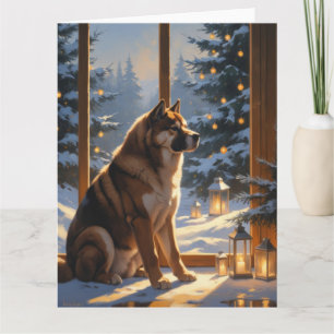 American Akita With Christmas Lights Holiday Card