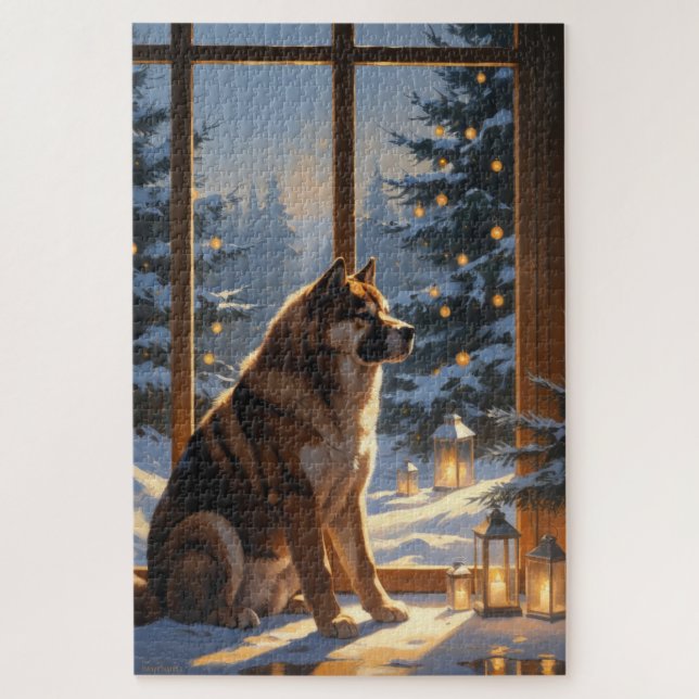 American Akita With Christmas Lights Holiday Jigsaw Puzzle (Vertical)