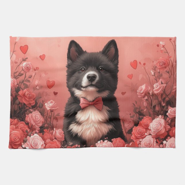 American Akita with Roses - Valentine's Day Kitchen Towel (Horizontal)