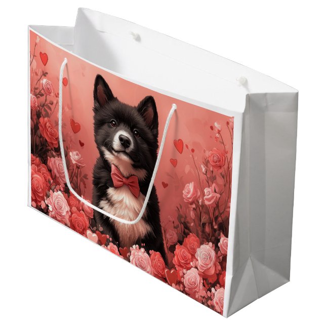 American Akita with Roses - Valentine's Day Large Gift Bag (Front Angled)