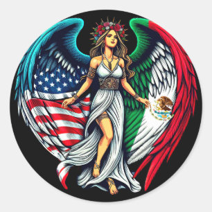 American and Mexico Flag Angel woMan Patriotic Art Classic Round Sticker