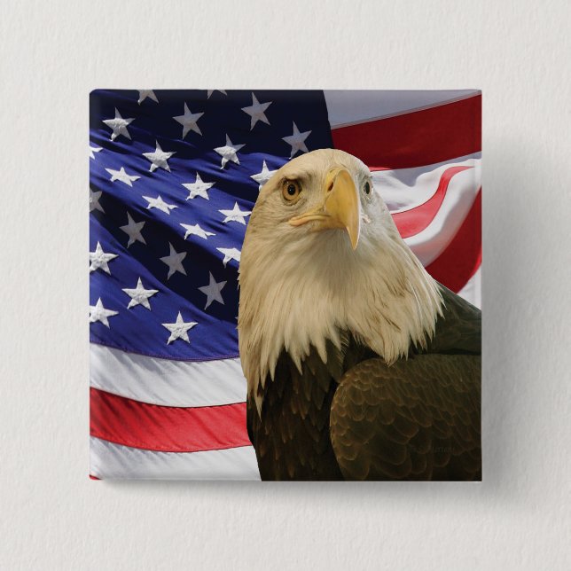 American Bald Eagle and Flag 2 Inch Square Button (Front)