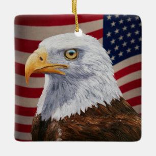 American Bald Eagle and Flag Ceramic Ornament