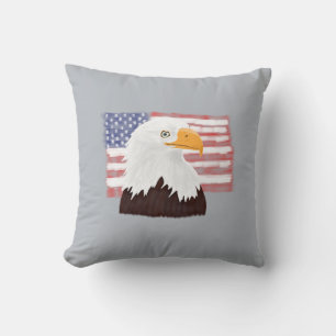 American Bald Eagle and Flag - transparent on grey Throw Pillow