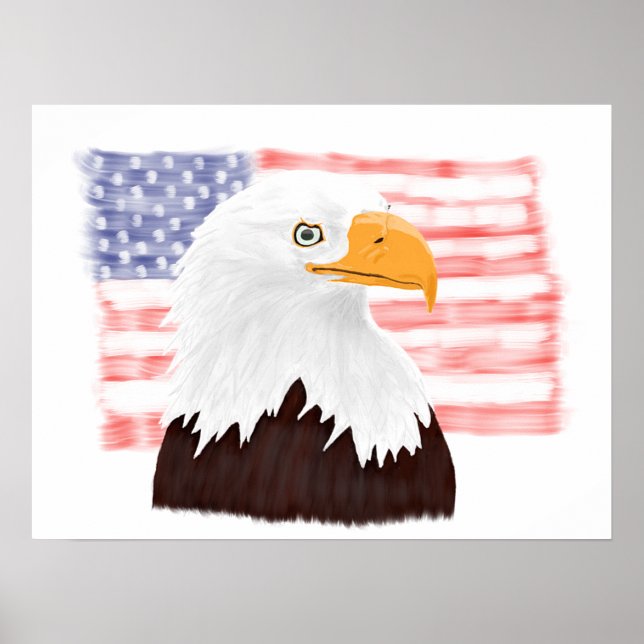 American Bald Eagle and Flag - transparent white.  Poster (Front)