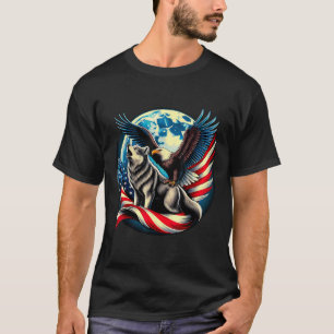 American Bald Eagle and Wolf USA Flag 4th of July T-Shirt