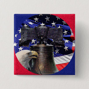 American Bald Eagle, Bell and Flag 2 Inch Square Button
