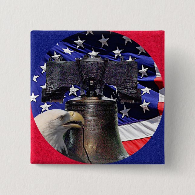 American Bald Eagle, Bell and Flag 2 Inch Square Button (Front)