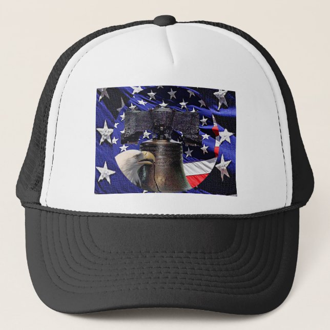 American Bald Eagle, Bell and Flag Trucker Hat (Front)