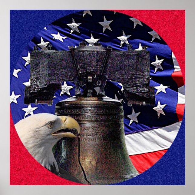American Bald Eagle, Bell et drapeau Poster Taille (Devant)