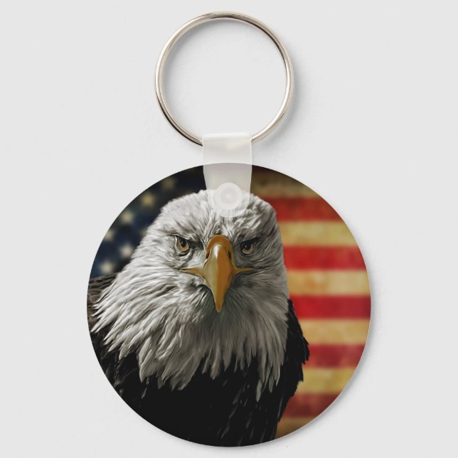 American Bald Eagle on Grunge Flag Keychain (Front)