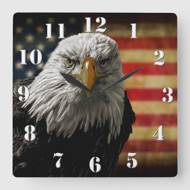 American Bald Eagle on Grunge Flag Square Wall Clock (Front)