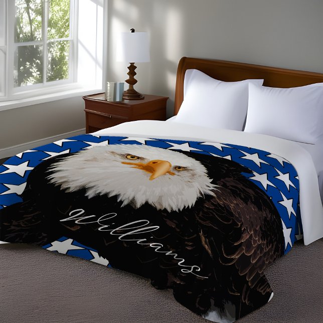 American Bald Eagle Patriotic Blue Veteran's Name Sherpa Blanket (American Bald Eagle personalized patriotic throw blanket with family name, Veteran's day gift)