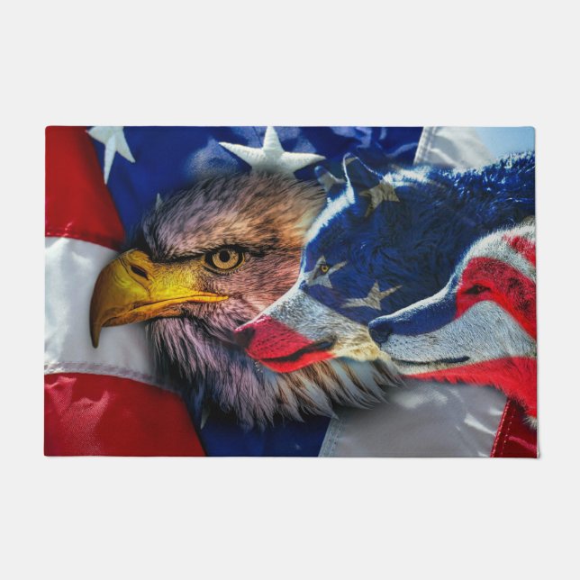 American Bald Eagle Wolf Flag Patriotic Doormat (Front)