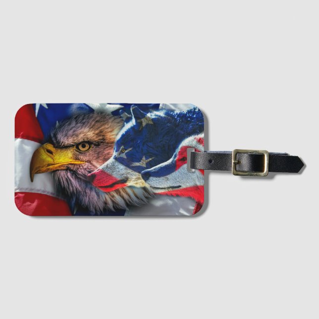 American Bald Eagle Wolf Flag Patriotic Luggage Tag (Front Horizontal)