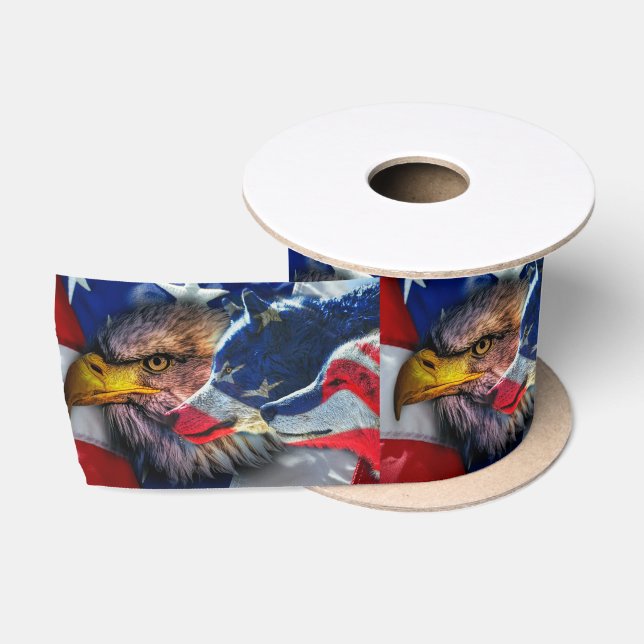 American Bald Eagle Wolf Flag Patriotic Satin Ribbon (Spool)