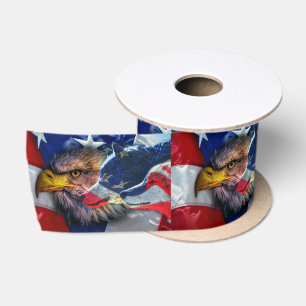 American Bald Eagle Wolf Flag Patriotic Satin Ribbon