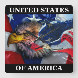 American Bald Eagle Wolf Flag Patriotic Square Wall Clock
