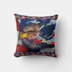American Bald Eagle Wolf Flag Patriotic Throw Pillow