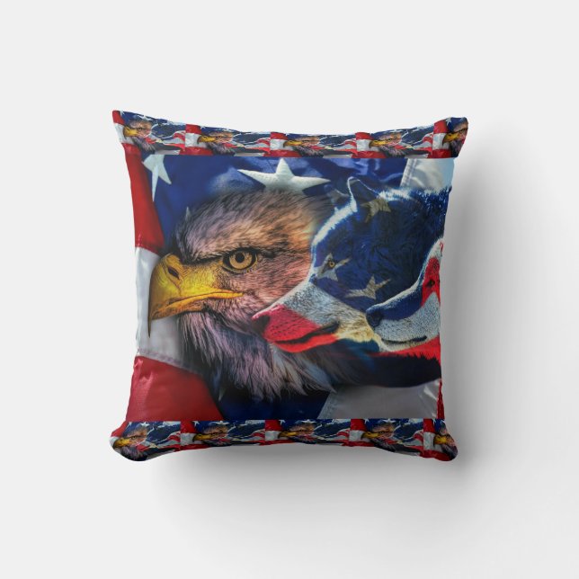 American Bald Eagle Wolf Flag Patriotic Throw Pillow (Front)