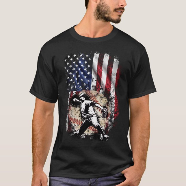 American Baseball Pitcher USA Flag T-Shirt (Front)