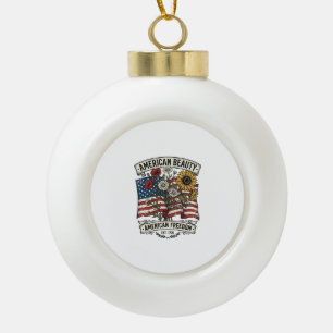 American Beauty Floral Flag Patriotic Ceramic Ball Christmas Ornament