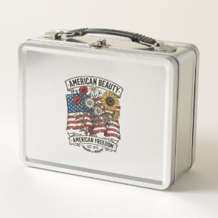 American Beauty Floral Flag Patriotic Metal Lunch Box