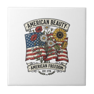 American Beauty Floral Flag Patriotic Tile
