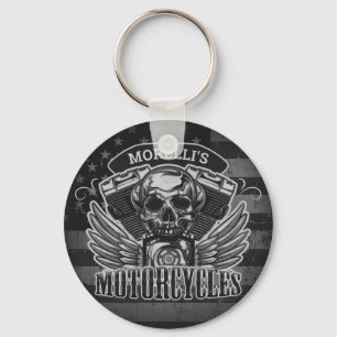 American Biker ADD NAME Skull V-Twin Motorcycles Keychain