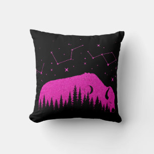 American Bison Fuchsia Pink Stars Galaxy Moon Throw Pillow