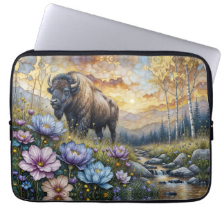 American Bison in floral mountain valley Laptop Sleeve