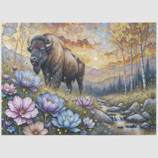 American Bison in floral mountain valley Tissue Paper (Front)