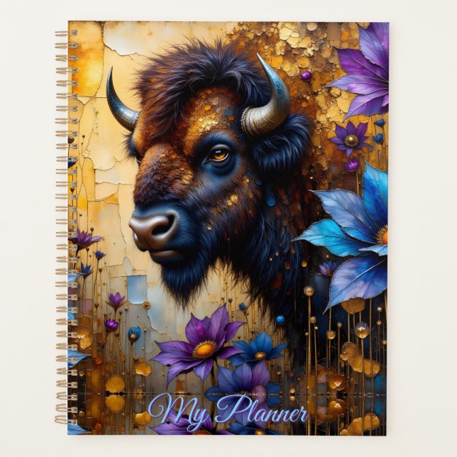 American Bison in textured Flower *Personalize* Planner (Front)