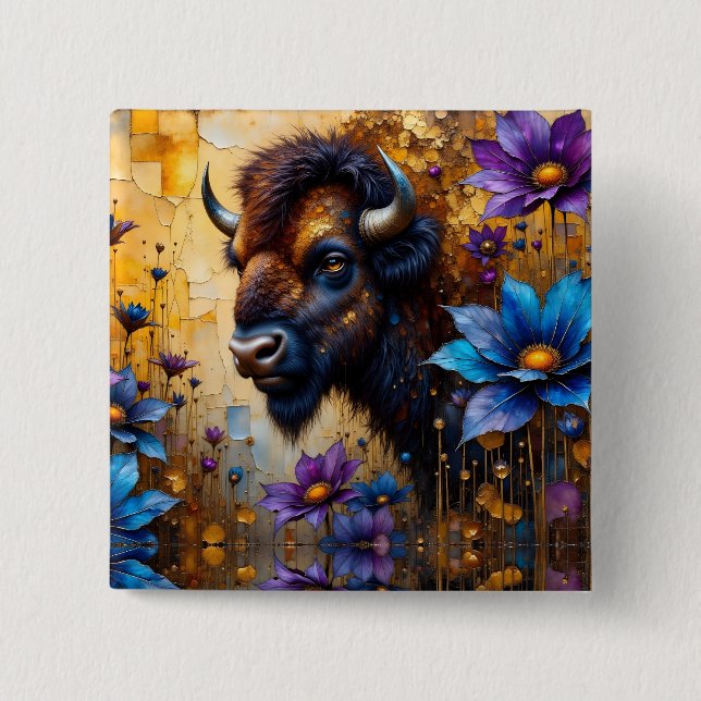 American Bison in textured Flower portrait 2 Inch Square Button (Front)