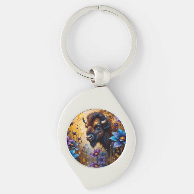 American Bison in textured Flower portrait Keychain (Front)