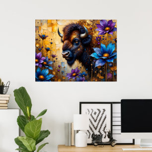American Bison in textured Flower portrait Poster