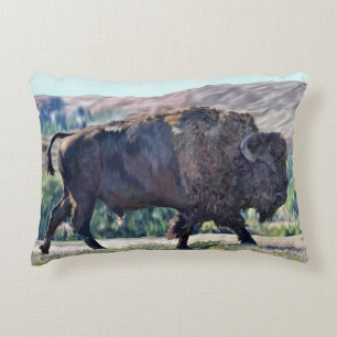 American Bison Roaming in Grassland Setting Accent Pillow