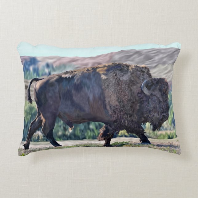 American Bison Roaming in Grassland Setting Accent Pillow (Front)