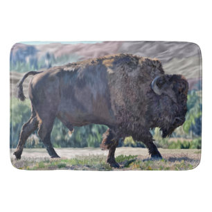 American Bison Roaming in Grassland Setting Bath Mat