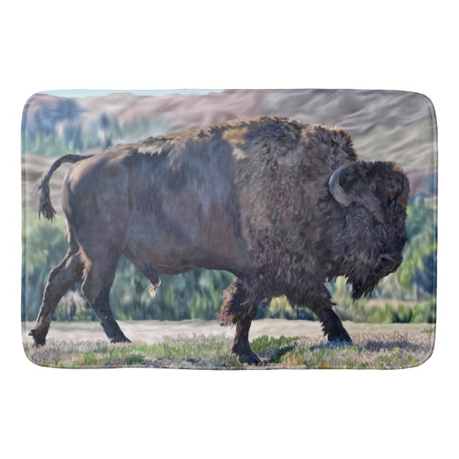 American Bison Roaming in Grassland Setting Bath Mat (Front)