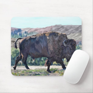 American Bison Roaming in Grassland Setting Mouse Pad