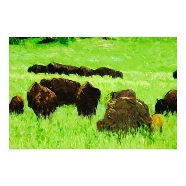 American Bison With Young Abstract Impressionism Photo Print (Front)