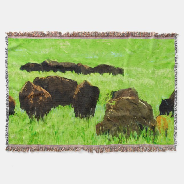American Bison With Young Abstract Impressionism Throw Blanket (Front)