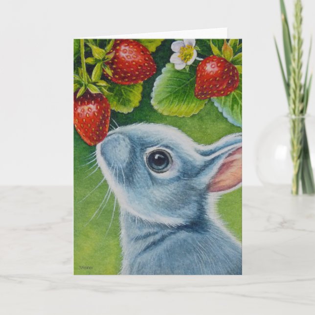 American Blue Rabbit & Strawberries Watercolor Art Card (Front)