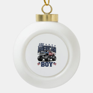 American Boy Monster Truck Vintage Patriotic Shirt Ceramic Ball Christmas Ornament
