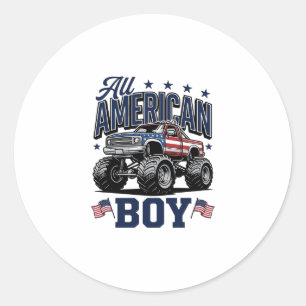 American Boy Monster Truck Vintage Patriotic Shirt Classic Round Sticker