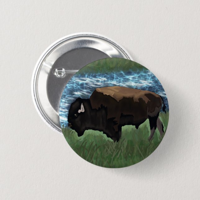American Buffalo or Bison Illustration 2 Inch Round Button (Front & Back)