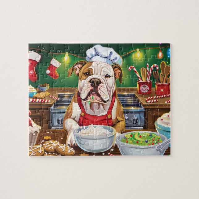 American Bulldog Holiday Baking: Festive Christmas Jigsaw Puzzle (Horizontal)