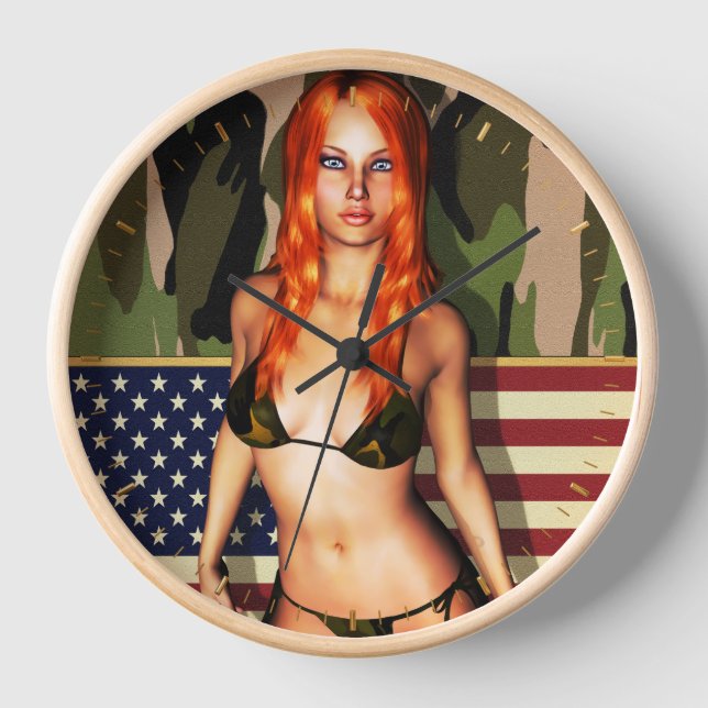 American Camo Bikini Babe Wall Clock (Front)